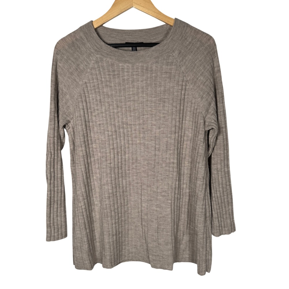 Eileen Fisher Ribbed Crew Neck Long Sleeve Sweater Italian Yarn Merino Wool Sz M